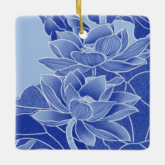 Elegante Blue Blume Lotus Mandala Lily Chinoiserie Keramikornament (Vorderseite)