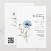 Elegante Blue Blume Moderne QR Code Hochzeit Einladung (Vorne/Hinten)