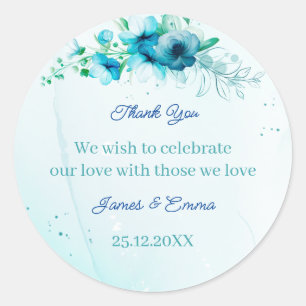 Elegante Blue Blume Personalisiert Wedding Runder Aufkleber