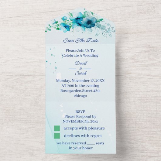 Elegante Blue Blume Save the Date Personalisiert All In One Einladung (Innen Boden)