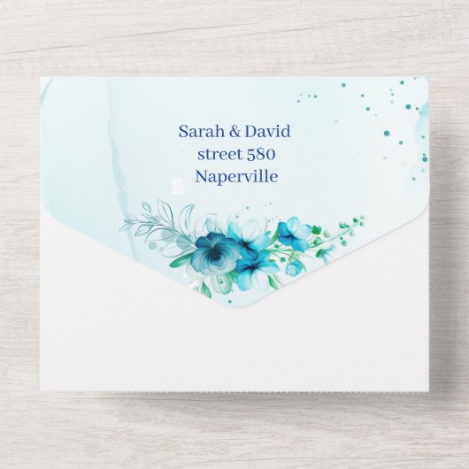 Elegante Blue Blume Save the Date Personalisiert All In One Einladung (Rückseite)