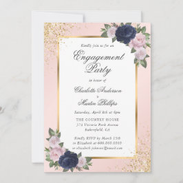 Elegante Blue Blush Gold Engagement Party Einladung
