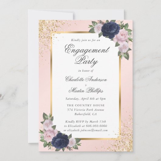 Elegante Blue Blush Gold Engagement Party Einladung (Vorderseite)