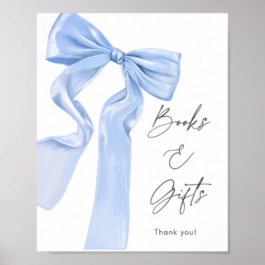 Elegante Blue Bow Baby Shower Books and Gifts Poster (Vorne)