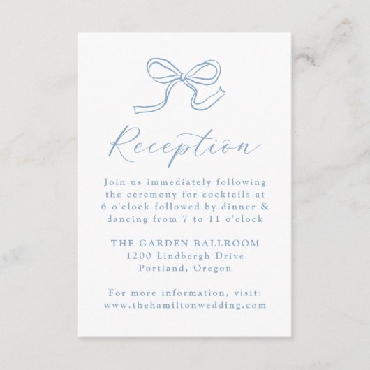 Elegante Blue Bow Wedding Reception Begleitkarte (Vorderseite)