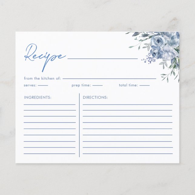 Elegante Blue Brautparty Rezept Card (Vorderseite)