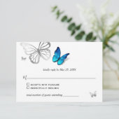 Elegante Blue Butterfly Rustic Watercolor Wedding RSVP Karte (Stehend Vorderseite)