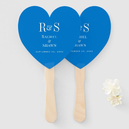 Elegante Blue Chic Moderne Monogram Wedding Fächer (Vorne und Hinten)