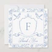 Elegante Blue Chinoiserie Bird & Wappen Wedding Dankeskarte (Vorderseite)