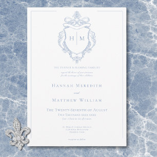 Elegante Blue Chinoiserie Bird & Wappen Wedding Einladung