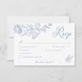 Elegante Blue Chinoiserie Bird & Wappen Wedding RSVP Karte (Vorderseite)