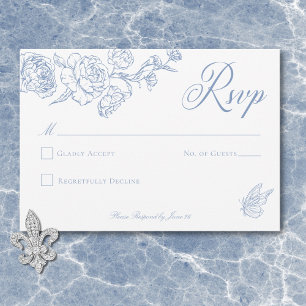 Elegante Blue Chinoiserie Bird & Wappen Wedding RSVP Karte