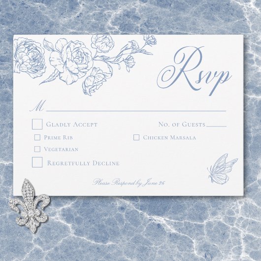 Elegante Blue Chinoiserie Bird & Wappen Wedding RSVP Karte