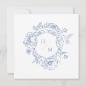 Elegante Blue Chinoiserie Bird & Wappen Wedding Save The Date (Rückseite)