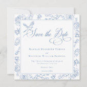 Elegante Blue Chinoiserie Bird & Wappen Wedding Save The Date (Vorderseite)