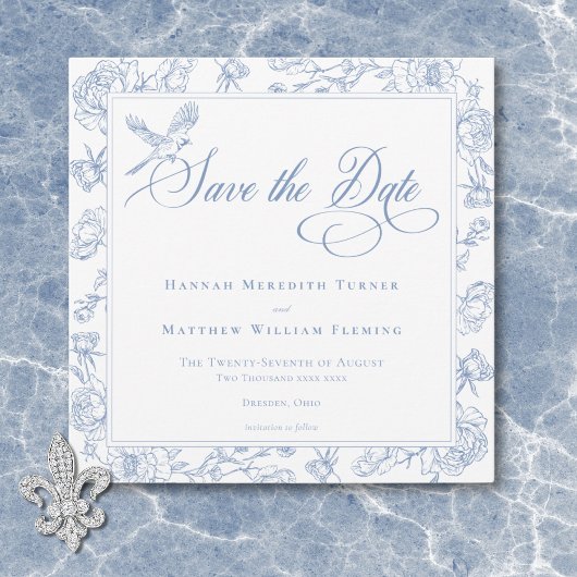Elegante Blue Chinoiserie Bird & Wappen Wedding Save The Date