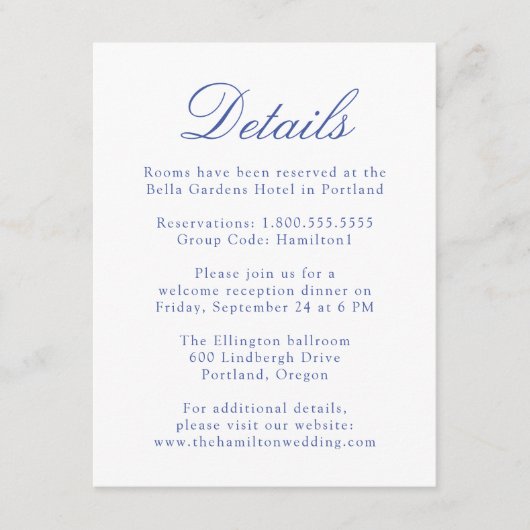 Elegante Blue Chinoiserie Blumenstrauß Details zur Begleitkarte (Vorderseite)