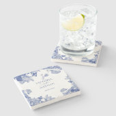 Elegante Blue Chinoiserie Chic Hochzeit Steinuntersetzer (Seitenansicht)