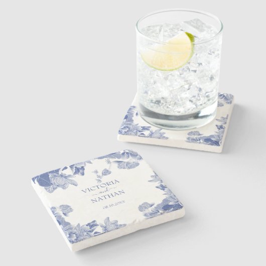 Elegante Blue Chinoiserie Chic Hochzeit Steinuntersetzer (Seitenansicht)