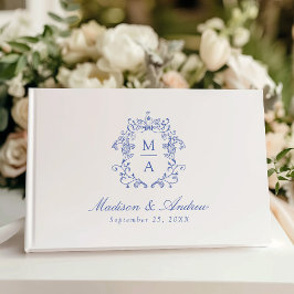 Elegante Blue Chinoiserie Crest Monogram Wedding Gästebuch