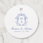 Elegante Blue Chinoiserie Crest Monogram Wedding Geschenkanhänger (Vorderseite)