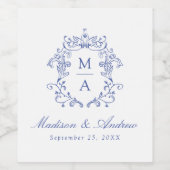 Elegante Blue Chinoiserie Crest Monogram Wedding Weinetikett (Einzelnes Label)