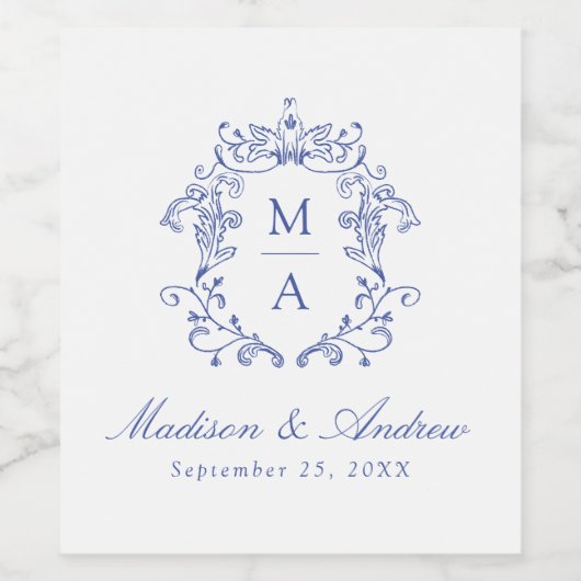 Elegante Blue Chinoiserie Crest Monogram Wedding Weinetikett (Einzelnes Label)