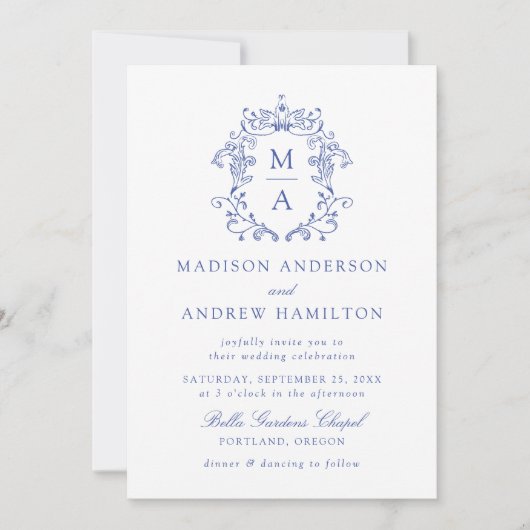 Elegante Blue Chinoiserie Viktorianische Hochzeit Einladung (Vorderseite)