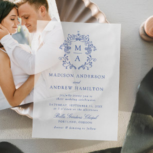 Elegante Blue Chinoiserie Viktorianische Hochzeit Pergament Einladungen