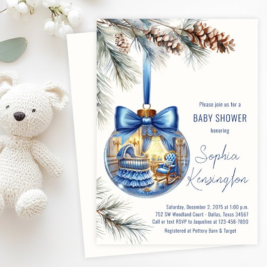 Elegante Blue Christmas Tree Ornament Baby Shower Einladung