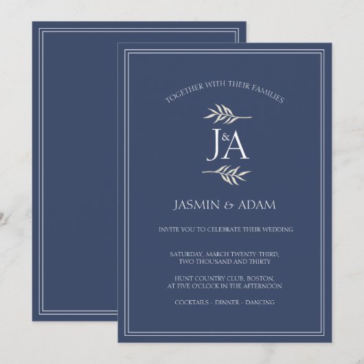 Elegante Blue Classic-Initialen Hochzeit Einladung (Vorne/Hinten)