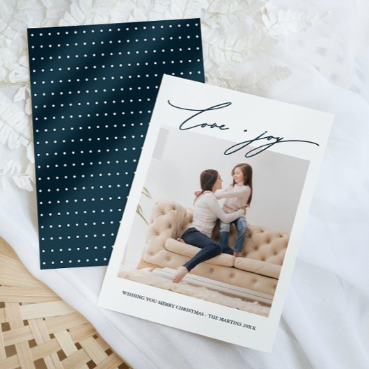 Elegante Blue Dots Liebe und Joy Calligraphy Holid Einladung