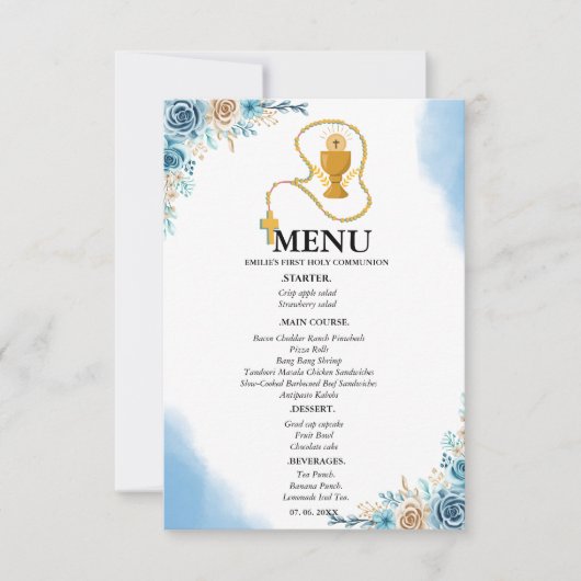 Elegante Blue Floral 1. Communion Party Menu Card Einladung (Vorderseite)