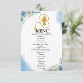 Elegante Blue Floral 1. Communion Party Menu Card Einladung (Stehend Vorderseite)