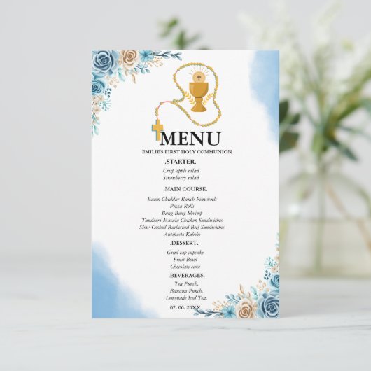 Elegante Blue Floral 1. Communion Party Menu Card Einladung (Stehend Vorderseite)