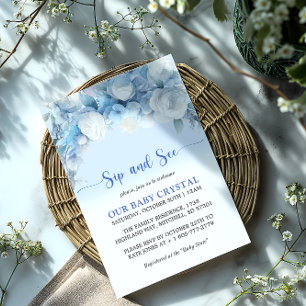 Elegante Blue Floral Baby Shower Sip and See Einladung