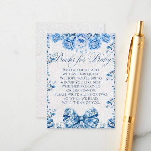 Elegante Blue Floral Bow Chic Toile Books for Baby Begleitkarte (Vorderseite/Rückseite Beispiel)