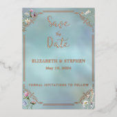 Elegante Blue Floral Foil Save the Date Karte (Vorderseite)