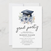 Elegante Blue Floral Foto Graduation Party Einladung (Vorderseite)