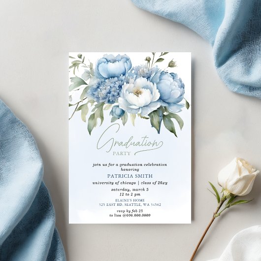 Elegante Blue Floral Foto Graduation Party Einladung