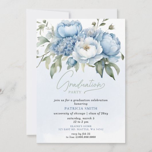 Elegante Blue Floral Foto Graduation Party Einladung (Vorderseite)