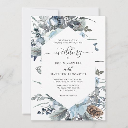 Elegante Blue Floral Geometrie Hochzeit Einladung (Vorderseite)