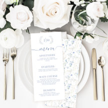 Elegante Blue Floral Herbst Winter Wedding Menu Ca