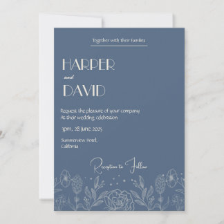 Elegante Blue Floral Kontur Hochzeit Einladung