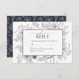 Elegante Blue Floral Line Hochzeit RSVP Karte