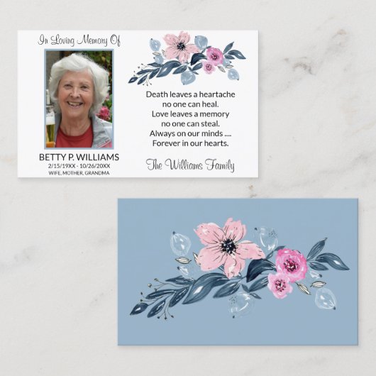 Elegante Blue Floral Memorial Prayer Card Visitenkarte (Vorne/Hinten)