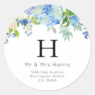 Elegante Blue Floral Monogram Rücksendeadresse Runder Aufkleber