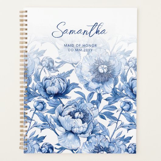 Elegante Blue Floral Muster Script-Trauzeugin Planer (Vorderseite)