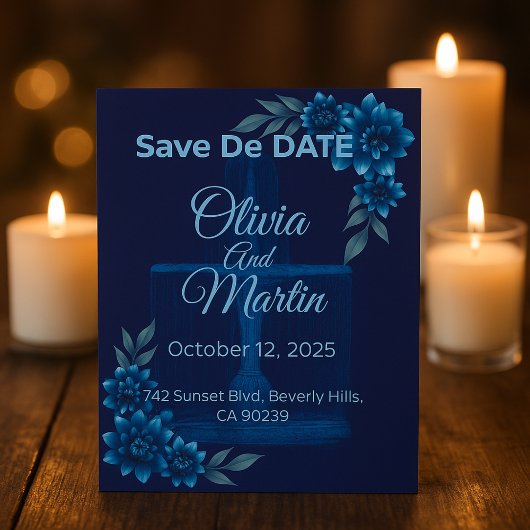 Elegante Blue Floral Save the Date Card