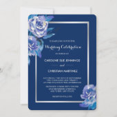 Elegante Blue Floral Silver Rose Einladung Hochzei (Vorderseite)